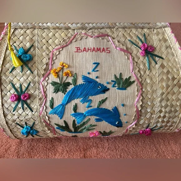 LARGE Bahamas Embroidered Straw Shoulder Bag in Natural and Blue - Picture 2 of 3
